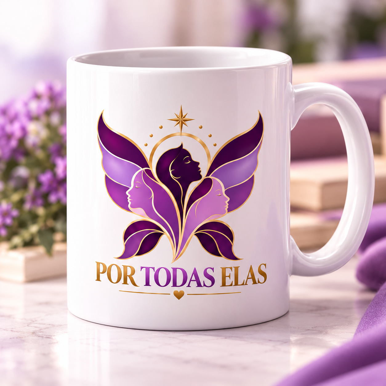 Caneca branca de cerâmica com a arte do Programa Por Todas Elas em lilás e dourado