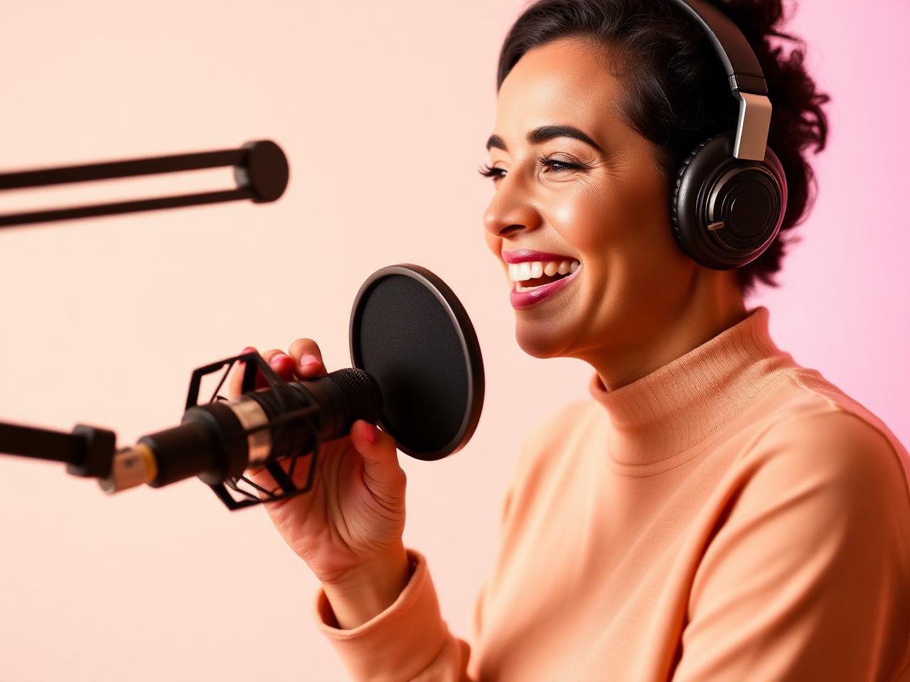 Apresentadora do Podcast Por Todas Elas gravando um episódio em estúdio